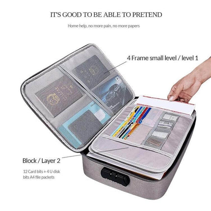 Waterproof Storage Bag for Documents and Laptops with Lock showing open organizer, 12 card slots and password lock