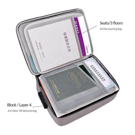 Waterproof Storage Bag for Documents and Laptops with Lock showing organized A4 documents, passports, 12 card slots and secure password lock