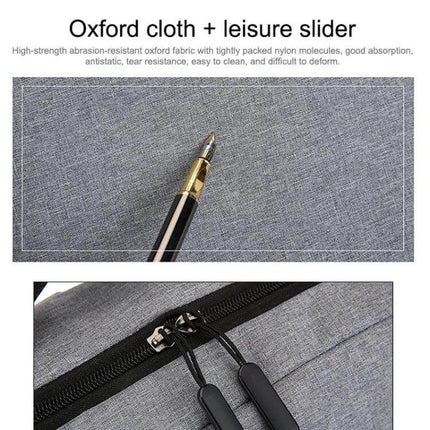 POFOKO Waterproof Oxford Cloth Backpack for 15.6 Inch Laptops showing grey oxford fabric close-up and dual zipper pulls