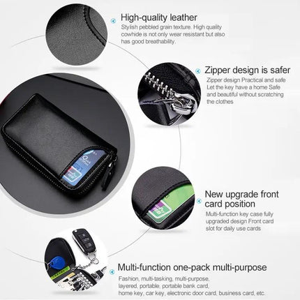 Leather Key Holder Wallet With Zipper Large Capacity
