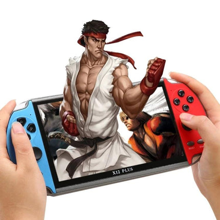 Powkiddy X12 Plus Handheld Retro Game Console with 7-Inch Screen showing fighting game artwork on the 7-inch display and detachable red/blue controllers