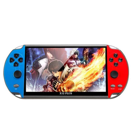 Powkiddy X12 Plus Handheld Retro Game Console with 7-Inch Screen showing blue-red handheld displaying fighting game and fire effects
