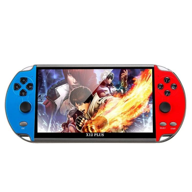 Powkiddy X12 Plus Handheld Retro Game Console with 7-Inch Screen showing blue-red handheld displaying fighting game and fire effects