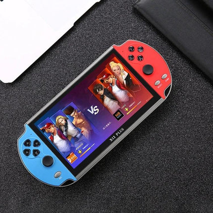 Powkiddy X12 Plus Handheld Retro Game Console with 7-Inch Screen showing versus fighting game on blue and red handheld display