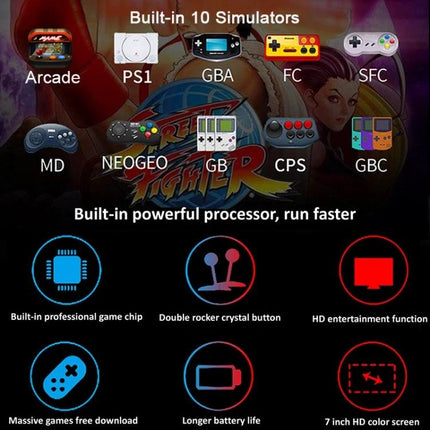 Powkiddy X12 Plus Handheld Retro Game Console with 7-Inch Screen showcasing built-in 10 simulators, icons, and features like HD screen and long battery life