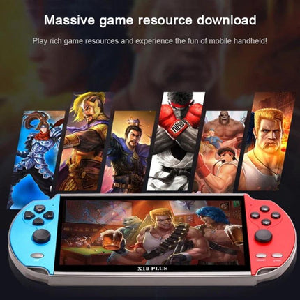 Powkiddy X12 Plus Handheld Retro Game Console with 7-Inch Screen showing game artwork, dual-color controls, and on-screen fighting game scene