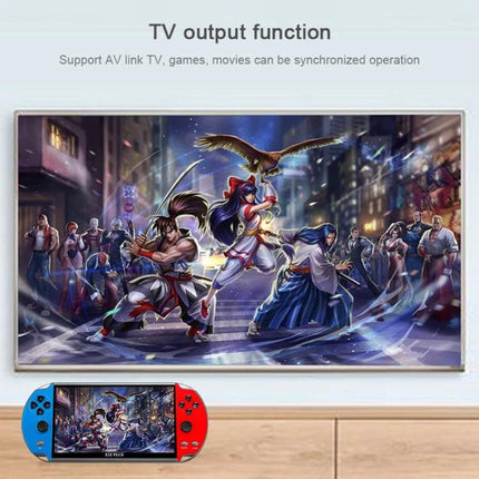 Powkiddy X12 Plus Handheld Retro Game Console with 7-Inch Screen displaying classic fighting game on TV via AV output, portable dual-color controllers
