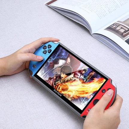 Powkiddy X12 Plus Handheld Retro Game Console with 7-Inch Screen held in hands showing gameplay on 7-inch display, portable retro gaming with dual-colored controllers
