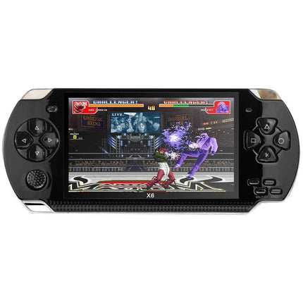 Retro Portable Game Console for On-the-Go Gaming Fun handheld black device showing fighting game on screen, portable retro gaming for travel