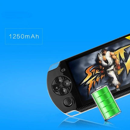 Retro Portable Game Console for On-the-Go Gaming Fun showing handheld device with 1250mAh battery and game screen