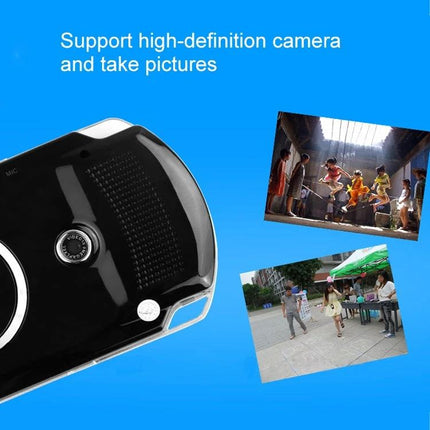 Retro Portable Game Console for On-the-Go Gaming Fun with built-in camera for photos and videos, pictured black handheld device and sample photos