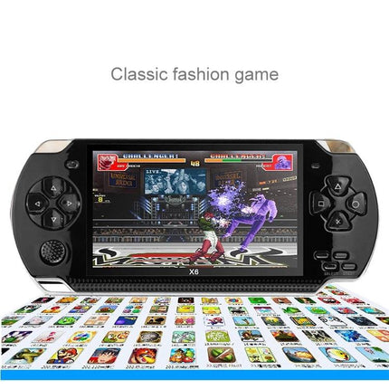 Retro Portable Game Console for On-the-Go Gaming Fun showing handheld device with fighting game on screen and grid of preloaded classic game icons