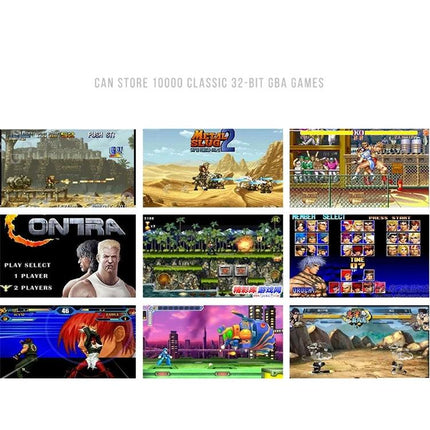 Retro Portable Game Console for On-the-Go Gaming Fun showing grid of classic 32-bit retro game screenshots and built-in library