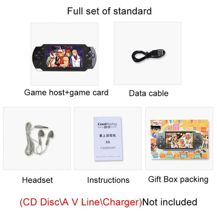 Retro Portable Game Console for On-the-Go Gaming Fun showing console, data cable, headset, instructions, and gift box packaging