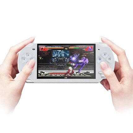 Retro Portable Game Console for On-the-Go Gaming Fun handheld showing fighting game on-screen, white device held in hands for travel entertainment