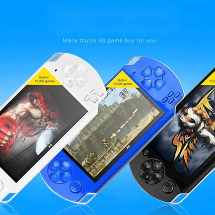 Retro Portable Game Console for On-the-Go Gaming Fun - three handheld units in white blue and black showing classic game screens