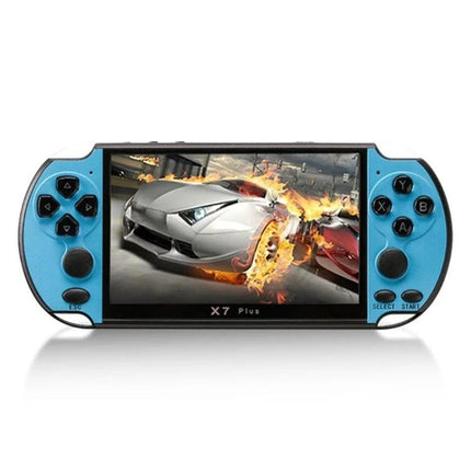 X7 Plus Handheld Console for Retro Gaming and Media Playback - blue 5.1-inch HD portable gaming device with racing game on screen