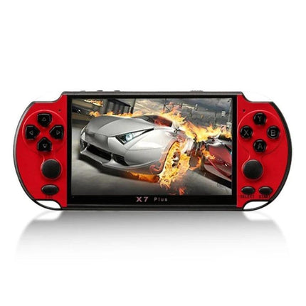 X7 Plus Handheld Console for Retro Gaming and Media Playback showing red handheld with 5.1-inch HD screen playing racing game