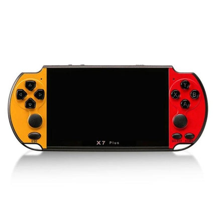X7 Plus Handheld Console for Retro Gaming and Media Playback showing yellow left and red right controls with 5.1-inch HD screen