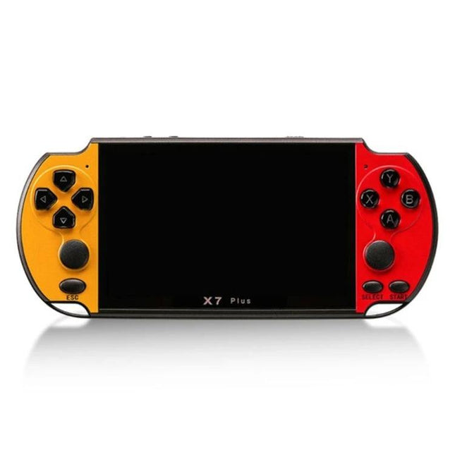 X7 Plus Handheld Console for Retro Gaming and Media Playback showing yellow left and red right controls with 5.1-inch HD screen