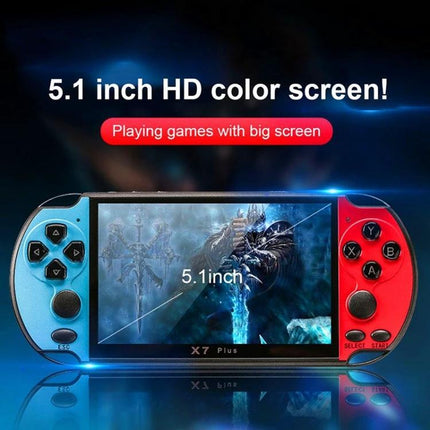 X7 Plus Handheld Console for Retro Gaming and Media Playback showing 5.1-inch HD color screen with blue and red controllers