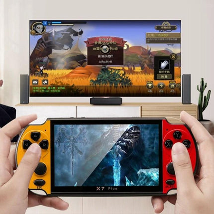 X7 Plus Handheld Console for Retro Gaming and Media Playback showing hands holding red-yellow device with game on screen and TV mirroring