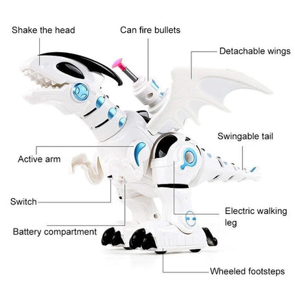 Fun Dinosaur Toy for Kids' Imaginative Everyday Home Play - white interactive walking dinosaur with lights, sounds, detachable wings, and soft-bullet shooter