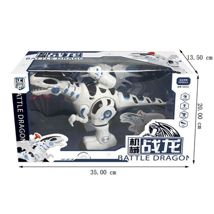 Fun Dinosaur Toy for Kids' Imaginative Everyday Home Play — white battle dragon toy with lights, sounds, walking and soft-bullet launch in boxed packaging
