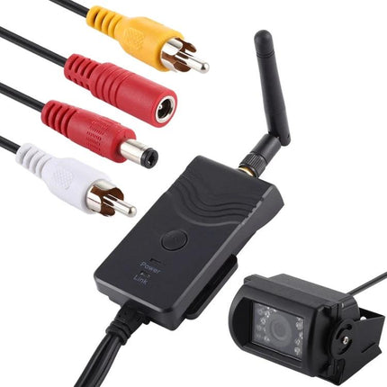 Wireless WiFi Video Transmitter for Vehicle Surveillance streaming unit with antenna, RCA connectors and compact rearview camera for mobile monitoring