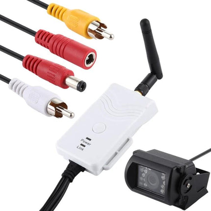 Wireless WiFi Video Transmitter for Vehicle Surveillance showing white transmitter, antenna, RCA cables and black vehicle camera