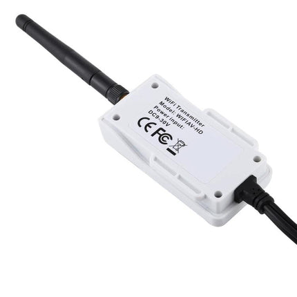 Wireless WiFi Video Transmitter for Vehicle Surveillance white compact unit with antenna streaming to mobile devices