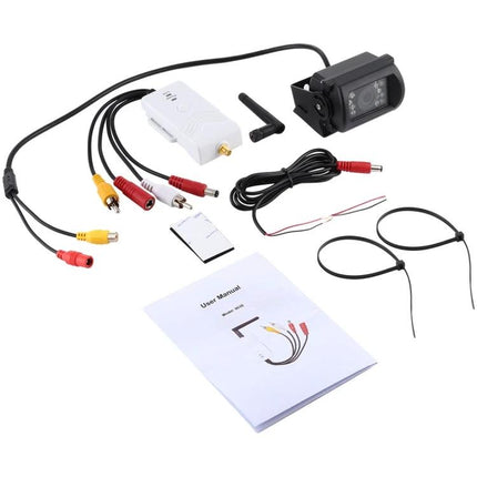 Wireless WiFi Video Transmitter for Vehicle Surveillance with camera, antenna, RCA cables and user manual for mobile streaming