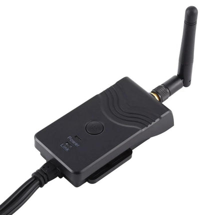 Wireless Video Transmitter for Cars with AV Interface - compact black WiFi AV transmitter with antenna for car video streaming and recording up to 150m