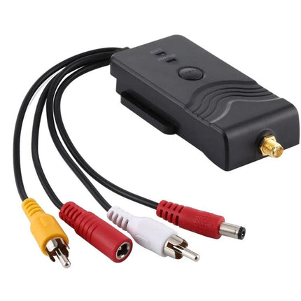 Wireless Video Transmitter for Cars with AV Interface black unit with RCA AV cables and WiFi antenna, compact car video streaming device