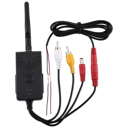 Wireless Video Transmitter for Cars with AV Interface showing black transmitter box, antenna and AV RCA cables for car video streaming