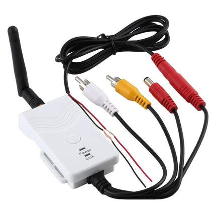 Wireless Video Transmitter for Cars with AV Interface - white wireless AV transmitter with antenna and RCA cables