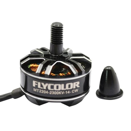 Flycolor Raptor Series Power Set with Motors and Propellers - close-up of Flycolor motor showing stator, shaft and prop adapter for FPV drone builds
