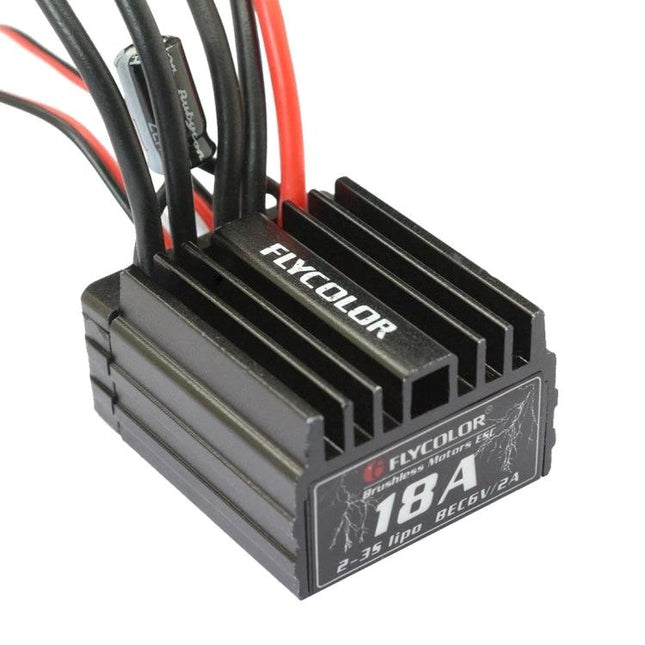 Flycolor Thunder Series Speed Controller for RC Cars – 18A brushless ESC with heat sink and red/black power wires