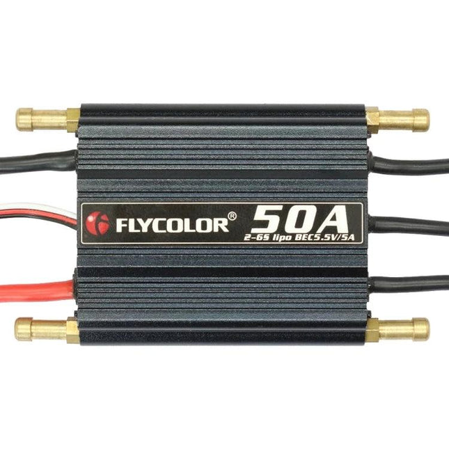 Flycolor Waterproof Speed Controller for RC Boats compact 50A waterproof ESC with gold connectors and black heat-sink case