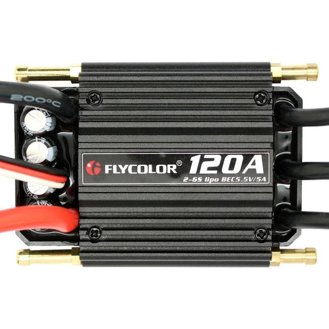 Flycolor Flymoster Series Waterproof Speed Controller for RC Boats 120A ESC in waterproof aluminum case, cables and connectors visible
