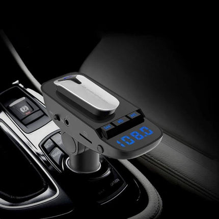 ER9 2-In-1 Car Kit Bluetooth Hands-Free With Dual USB Charger mounted in car cigarette socket showing LED display and clip for calls and charging