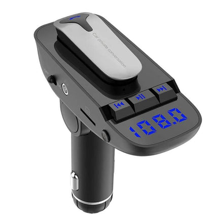 ER9 2-In-1 Car Kit Bluetooth Hands-Free With Dual USB Charger showing display, controls and detachable Bluetooth module for calls and charging