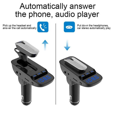 ER9 2-In-1 Car Kit Bluetooth Hands-Free With Dual USB Charger showing headset docking for auto-answer and playback, LED display and dual USB ports