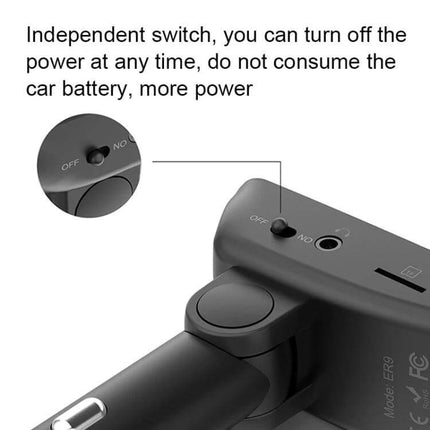 ER9 2-In-1 Car Kit Bluetooth Hands-Free With Dual USB Charger showing independent power switch and port layout