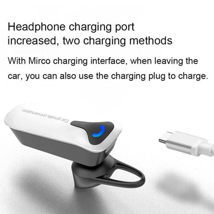 ER9 2-In-1 Car Kit Bluetooth Hands-Free With Dual USB Charger showing headset, Micro USB charging port and dual charging methods for in-car use