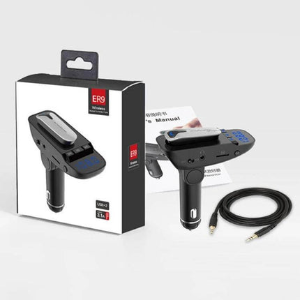 ER9 2-In-1 Car Kit Bluetooth Hands-Free With Dual USB Charger shown with box, AUX cable, and display for calls, music, and charging
