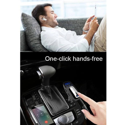 ER9 2-In-1 Car Kit Bluetooth Hands-Free With Dual USB Charger showing one-click hands-free in car near gear shift and person using phone