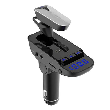 ER9 2-In-1 Car Kit Bluetooth Hands-Free With Dual USB Charger slim Bluetooth earpiece dock with FM transmitter and dual USB charging ports