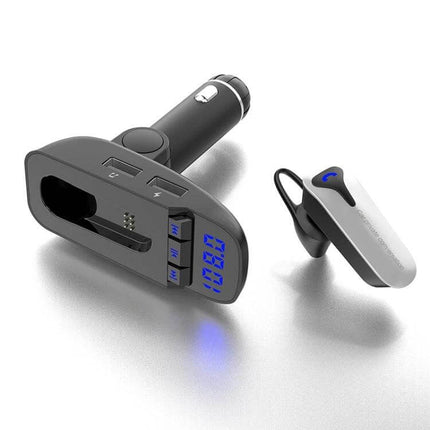 ER9 2-In-1 Car Kit Bluetooth Hands-Free With Dual USB Charger shown with Bluetooth earpiece, dual USB ports, TF slot and LED display for car charging and calls