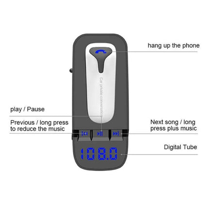 ER9 2-In-1 Car Kit Bluetooth Hands-Free With Dual USB Charger showing front controls play pause previous next hang up and digital tube display